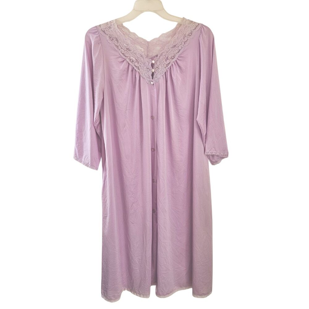 Vtg Shadowline Nylon Robe Sz Large Light Purple Button Front Lace Trim Pockets
